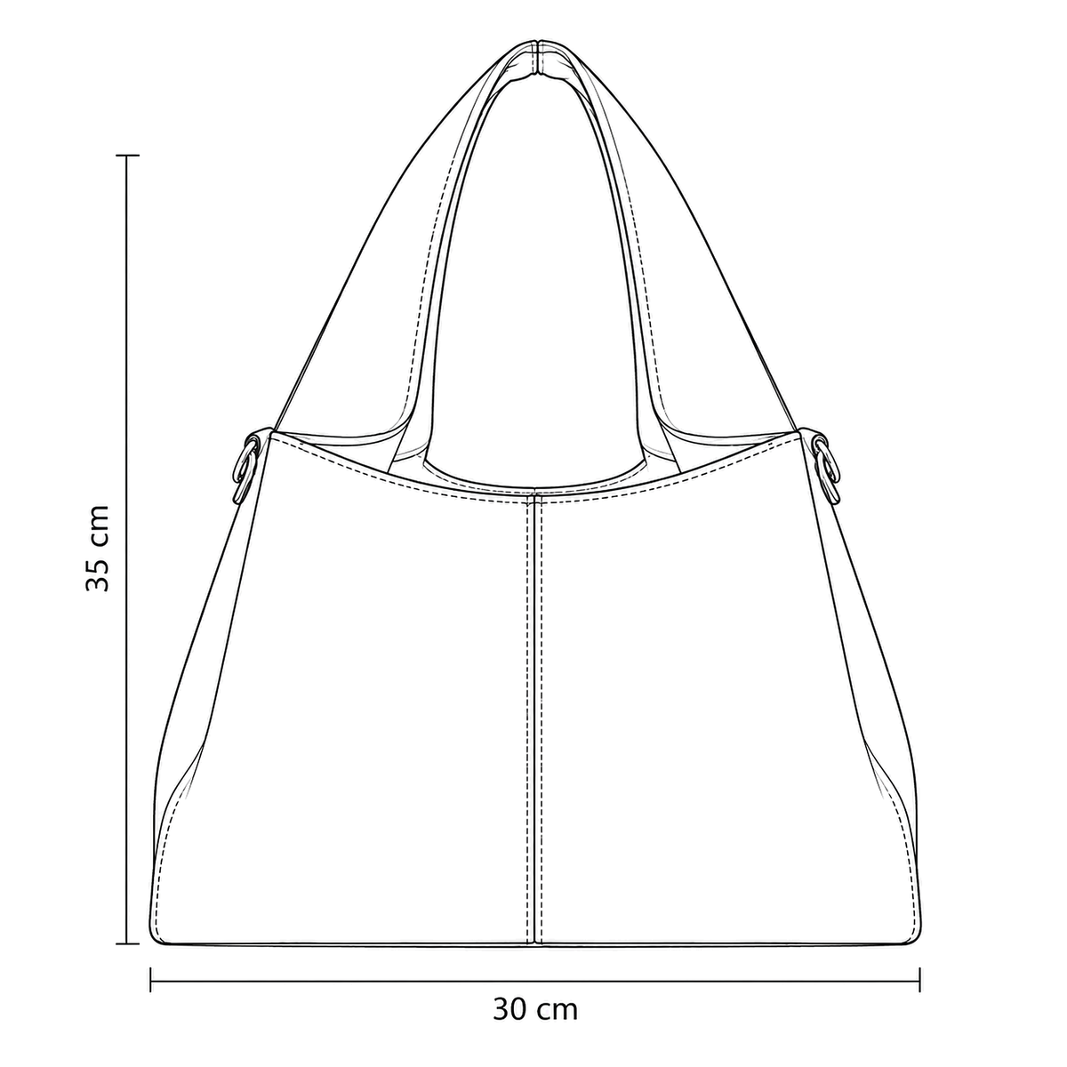 Dibujo técnico del bolso CERDEÑA con sus medidas: 35 cm de alto por 30 cm de ancho