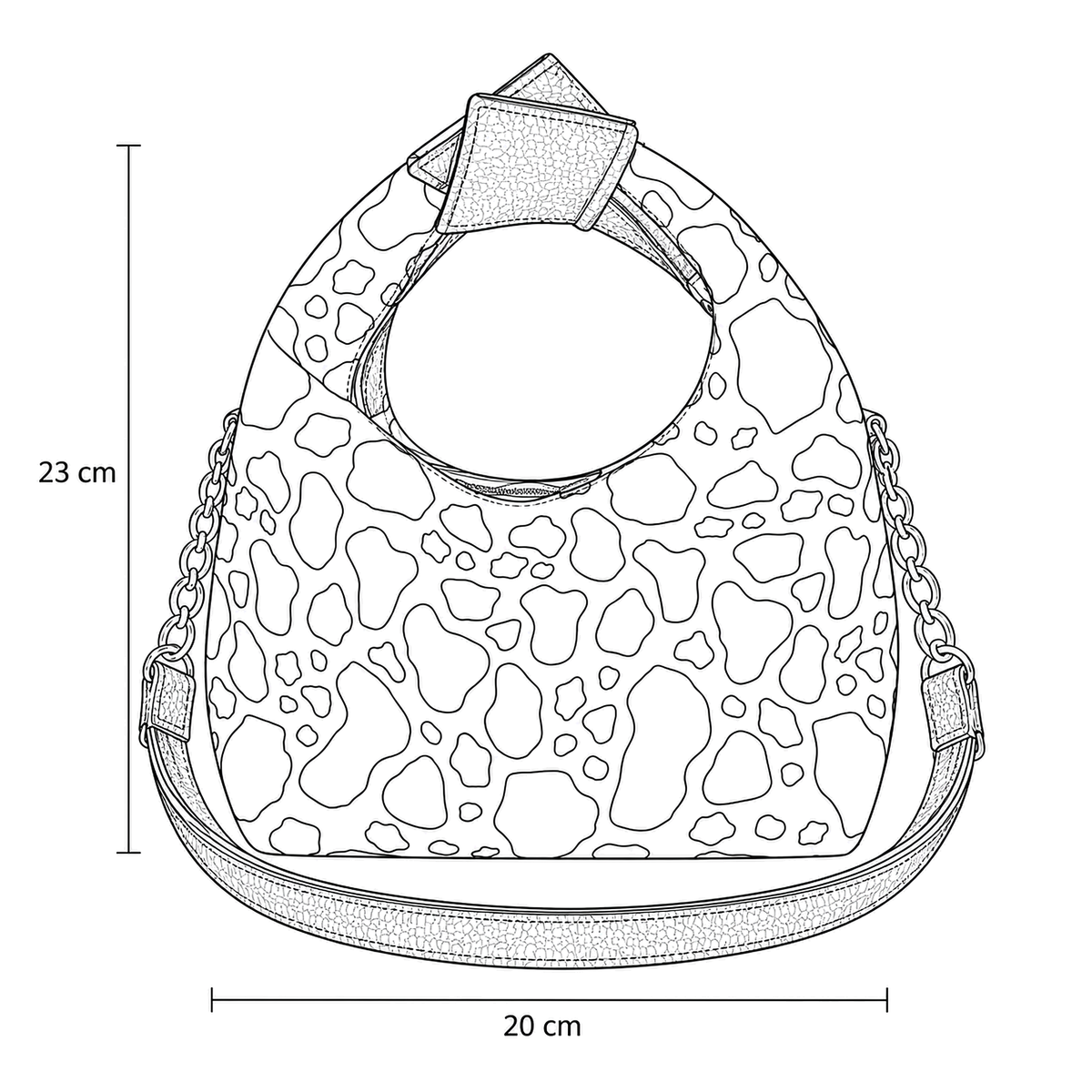 Dibujo técnico del bolso LUCCA con sus medidas: 23 cm de alto por 20 cm de ancho