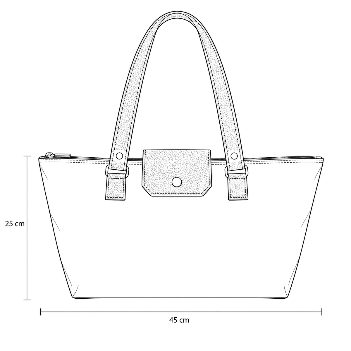 Dibujo técnico del bolso MARSELLA con sus medidas: 25 cm de alto por 45 cm de ancho