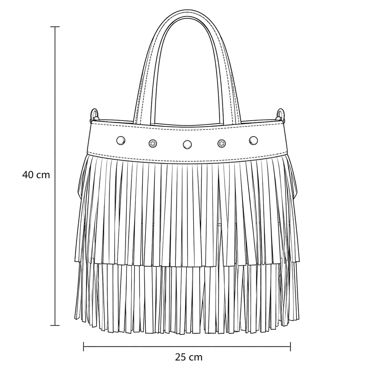 Dibujo técnico del bolso RAVENA con sus medidas: 40 cm de alto por 25 cm de ancho
