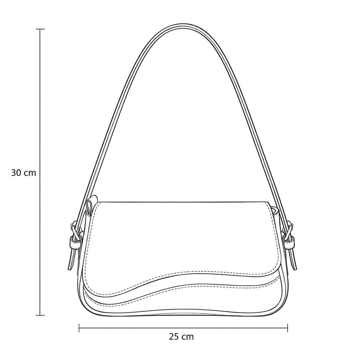 Dibujo técnico del bolso SAVONA con sus medidas: 30 cm de alto por 25 cm de ancho
